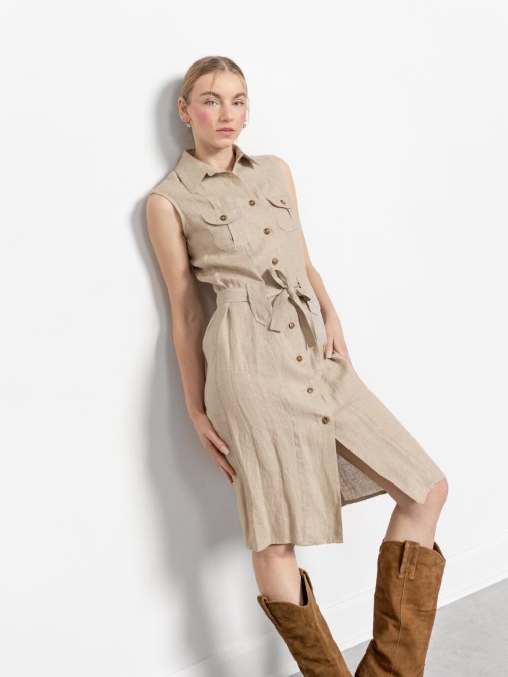Vintage 90s Linen Midi Shirtdress: Sleeveless Button-Up Beige Dress (Small/XS)